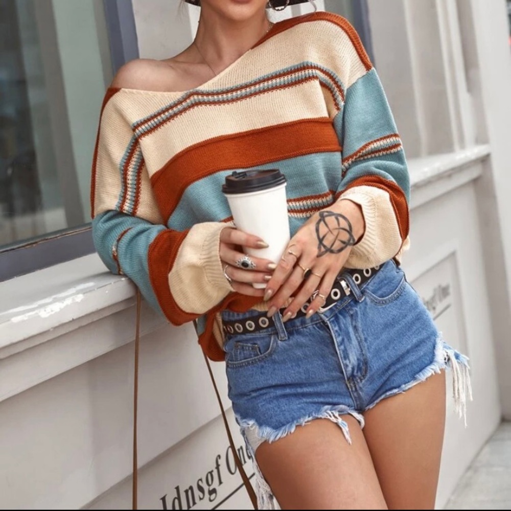 Off shoulder stripe sweater